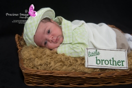 baby boy in basket with handmade wooden sign