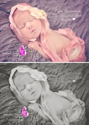 newborn girl wearing bonnet black and white color comparision